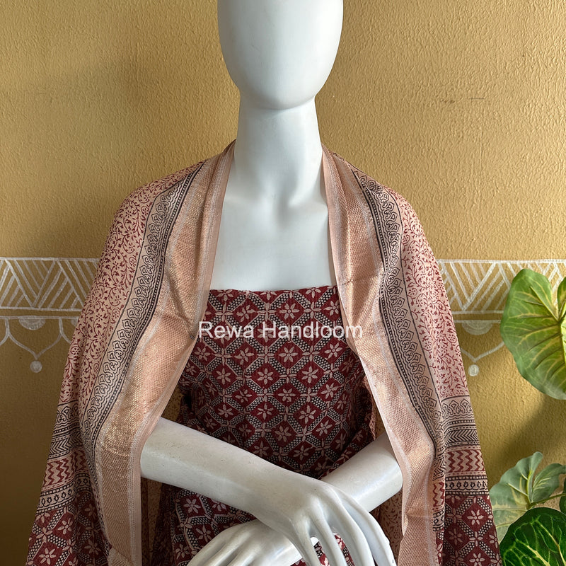 Maheshwari Maroon-white Bagh Print Tissue Top-Dupatta Set BPTS026