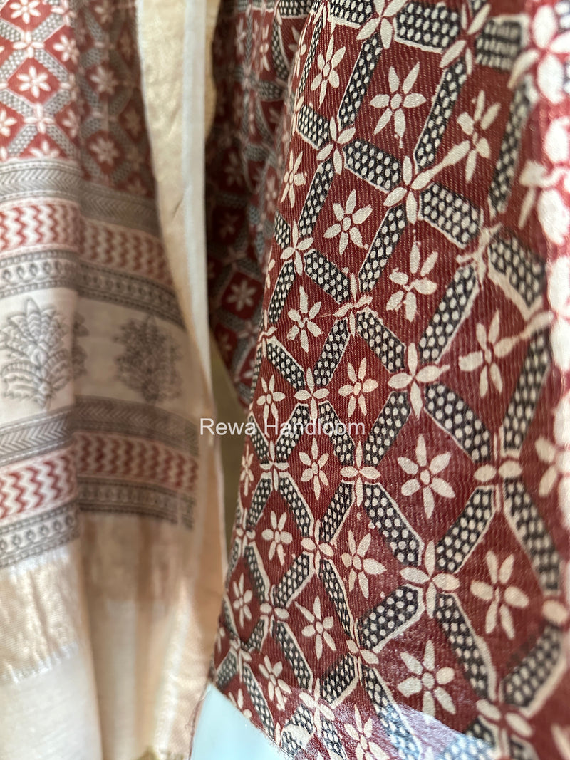 Maheshwari Maroon-white Bagh Print Tissue Top-Dupatta Set BPTS026