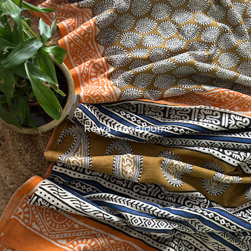 Golden Brown-Orange Cotton Printed Saree CS041