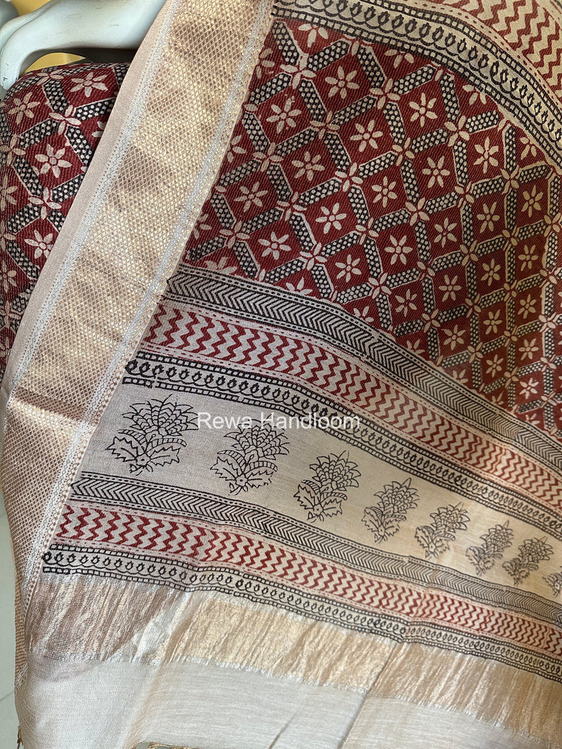 Maheshwari Maroon-white Bagh Print Tissue Top-Dupatta Set BPTS026