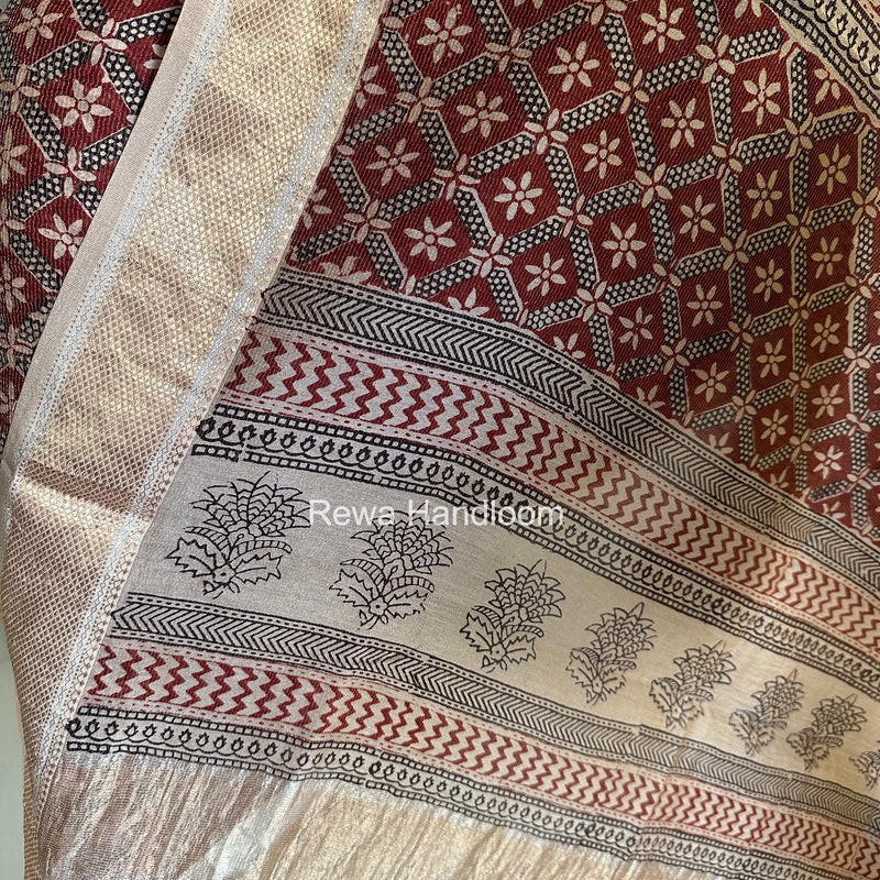 Maheshwari Maroon-white Bagh Print Tissue Top-Dupatta Set BPTS026