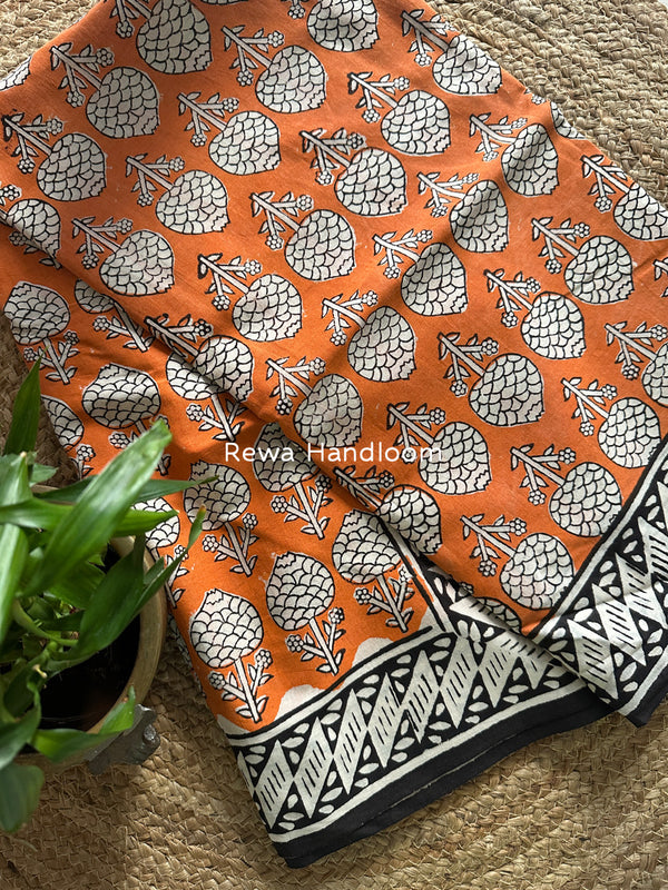 Orange-Black Cotton Printed Saree CS042