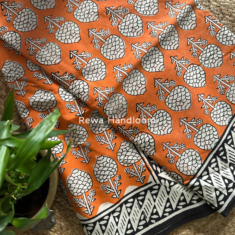 Orange-Black Cotton Printed Saree CS042