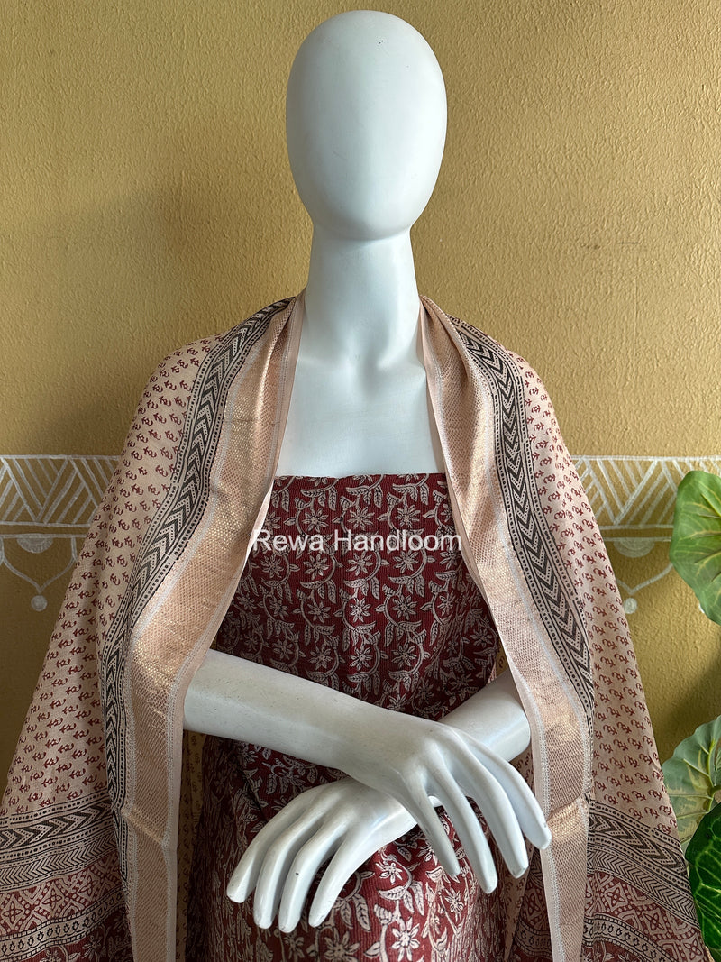 Maheshwari Maroon-white Bagh Print Tissue Top-Dupatta Set BPTS027