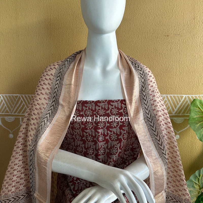 Maheshwari Maroon-white Bagh Print Tissue Top-Dupatta Set BPTS027