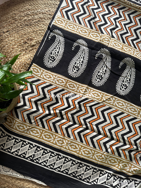 Orange-Black Cotton Printed Saree CS042