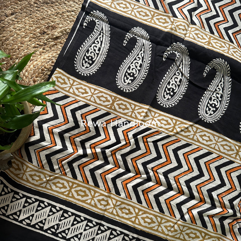 Orange-Black Cotton Printed Saree CS042