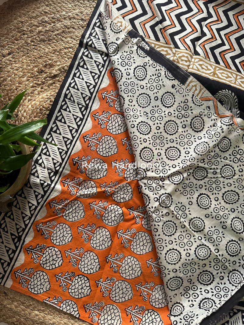 Orange-Black Cotton Printed Saree CS042