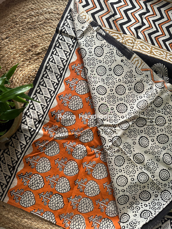 Orange-Black Cotton Printed Saree CS042