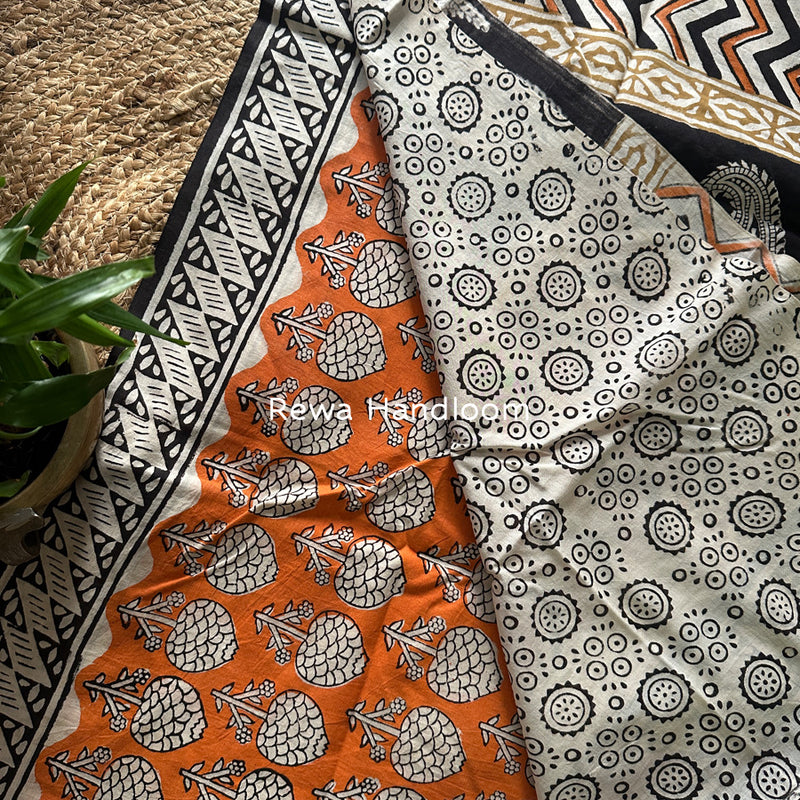Orange-Black Cotton Printed Saree CS042