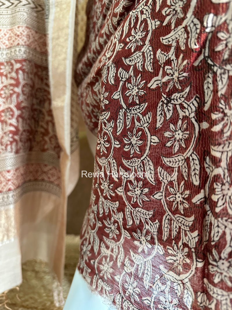Maheshwari Maroon-white Bagh Print Tissue Top-Dupatta Set BPTS027
