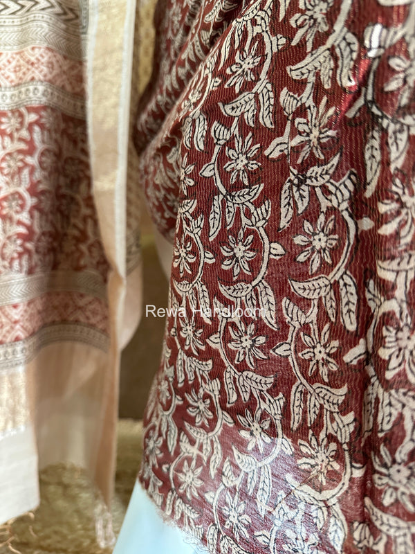 Maheshwari Maroon-white Bagh Print Tissue Top-Dupatta Set BPTS027