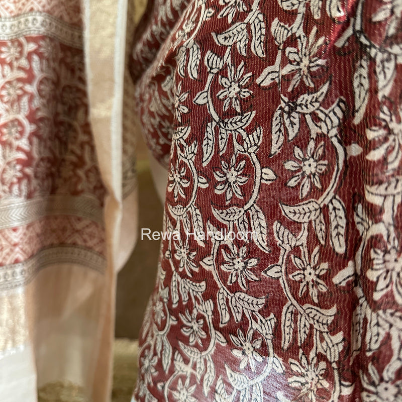 Maheshwari Maroon-white Bagh Print Tissue Top-Dupatta Set BPTS027