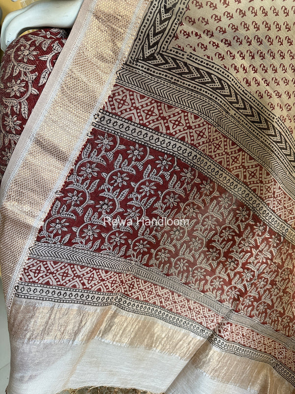 Maheshwari Maroon-white Bagh Print Tissue Top-Dupatta Set BPTS027