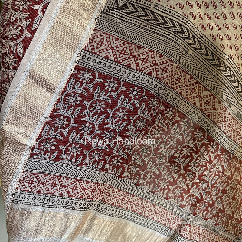 Maheshwari Maroon-white Bagh Print Tissue Top-Dupatta Set BPTS027