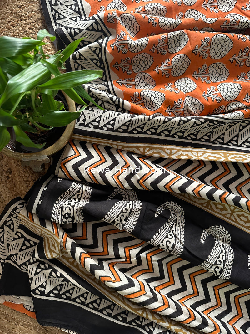 Orange-Black Cotton Printed Saree CS042