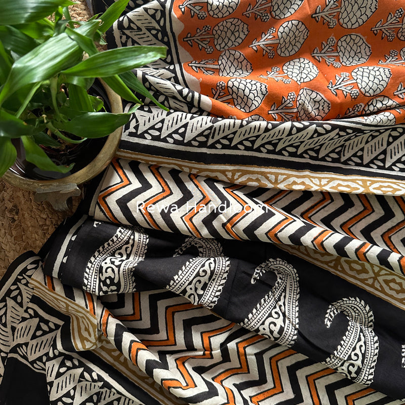 Orange-Black Cotton Printed Saree CS042