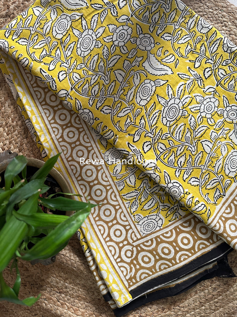 Yellow-White Cotton Printed Saree CS044