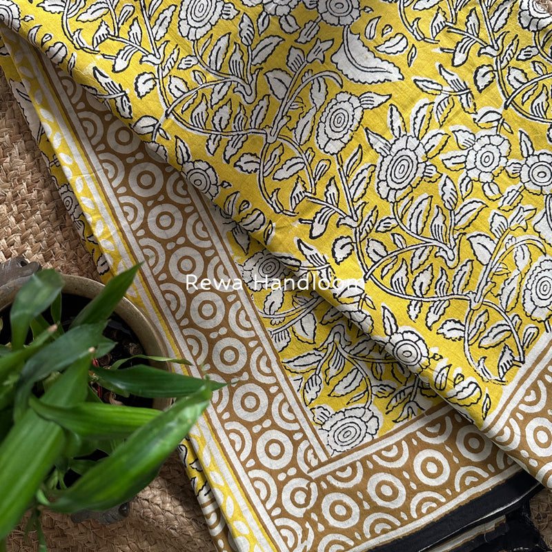 Yellow-White Cotton Printed Saree CS044