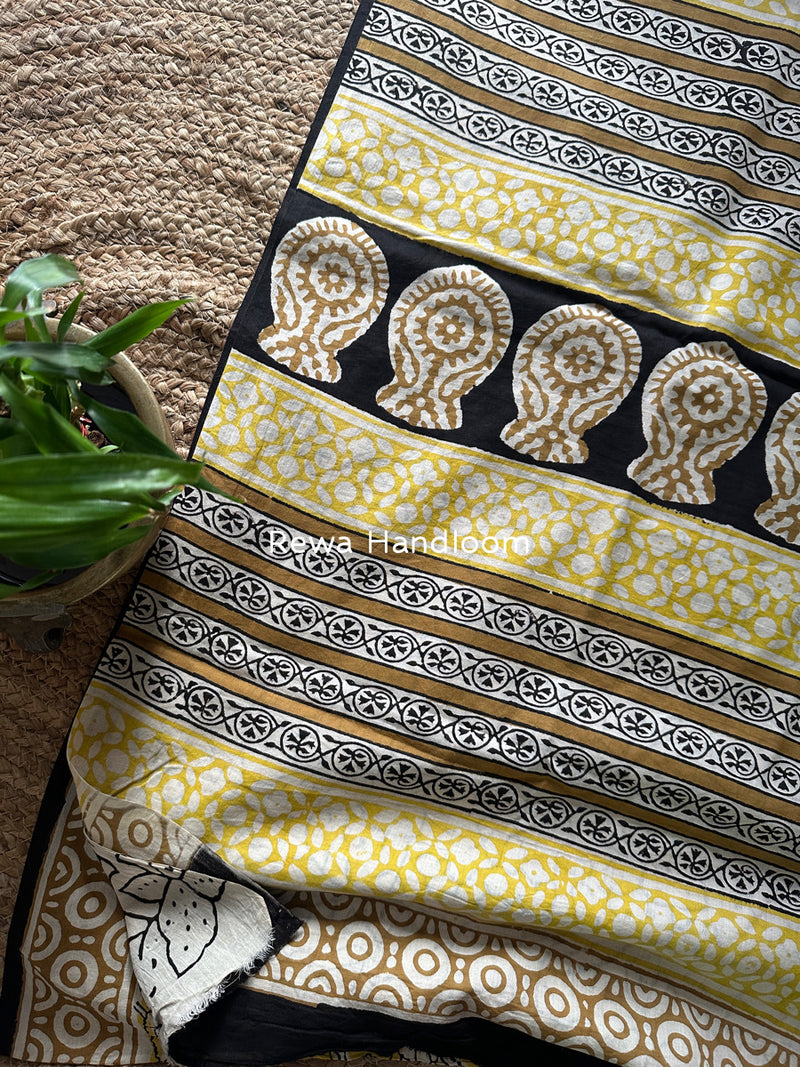Yellow-White Cotton Printed Saree CS044