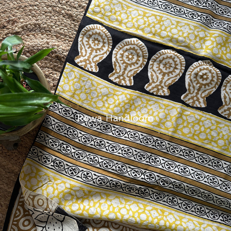 Yellow-White Cotton Printed Saree CS044
