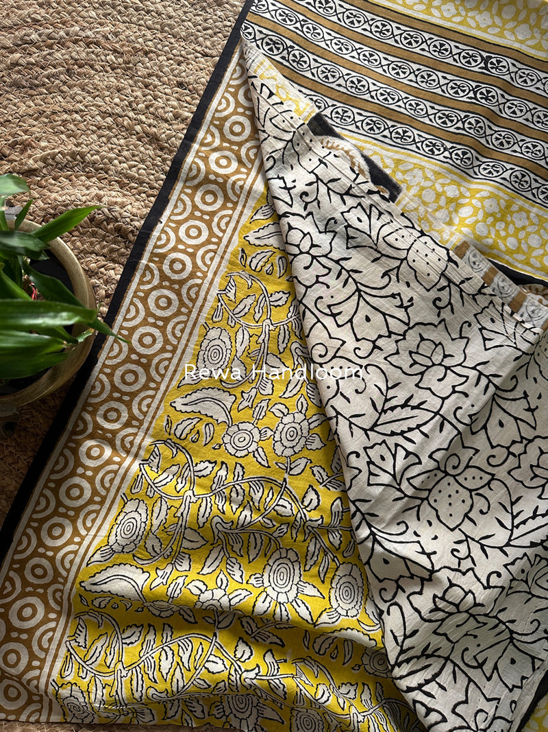 Yellow-White Cotton Printed Saree CS044