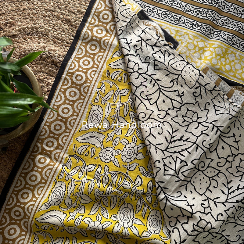 Yellow-White Cotton Printed Saree CS044