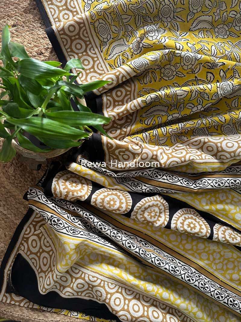 Yellow-White Cotton Printed Saree CS044