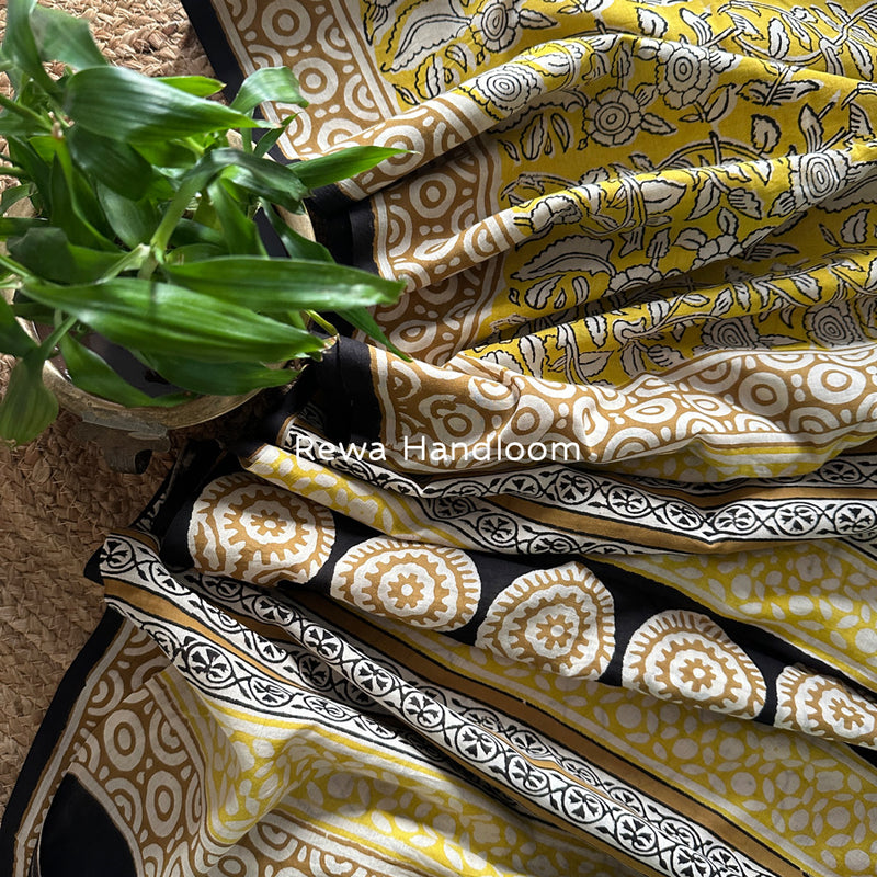 Yellow-White Cotton Printed Saree CS044