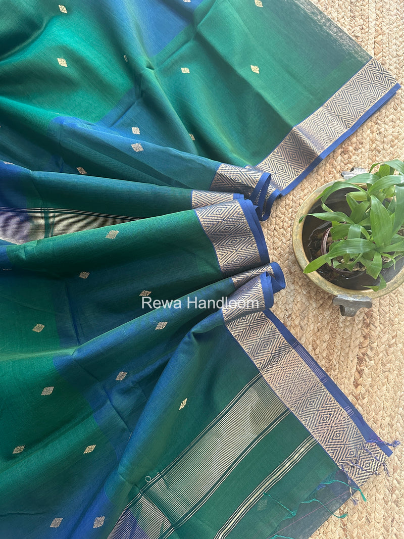 Maheshwari Bottle Green Diamond Shaded Butti Saree DBSS019