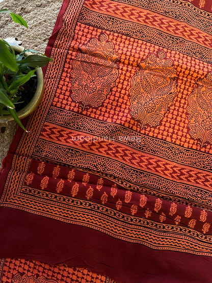 Orange Bagh Print Cotton Saree NCBP22