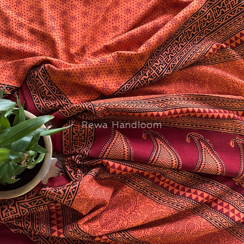 Orange Bagh Print Cotton Saree NCBP26