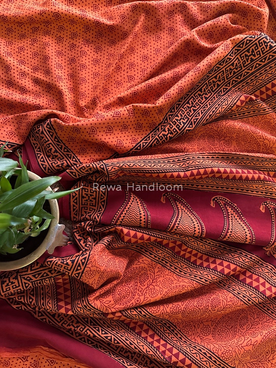 Orange Bagh Print Cotton Saree NCBP26