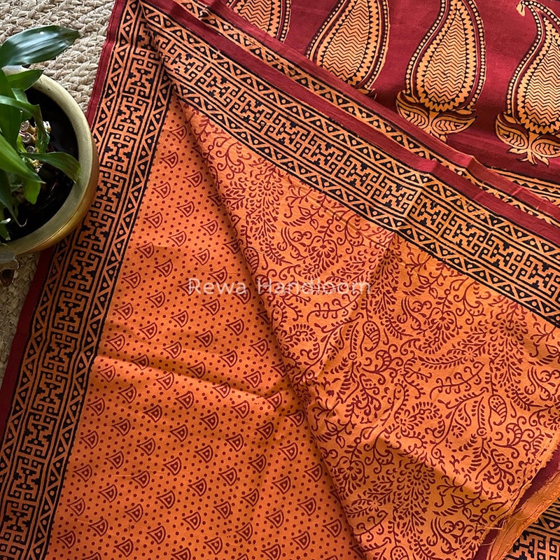 Orange Bagh Print Cotton Saree NCBP26