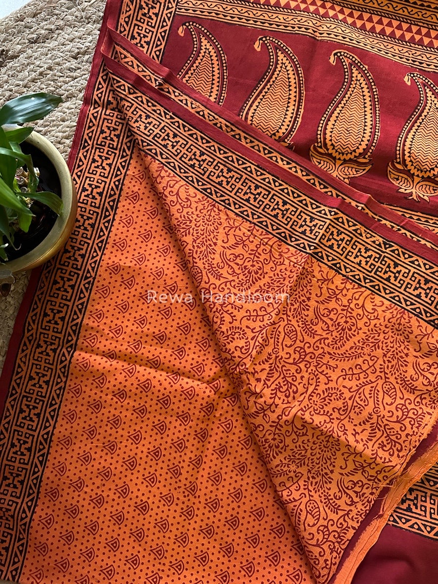 Orange Bagh Print Cotton Saree NCBP26