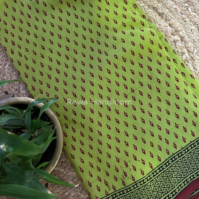 Parrot Green Bagh Print Cotton Saree NCBP28