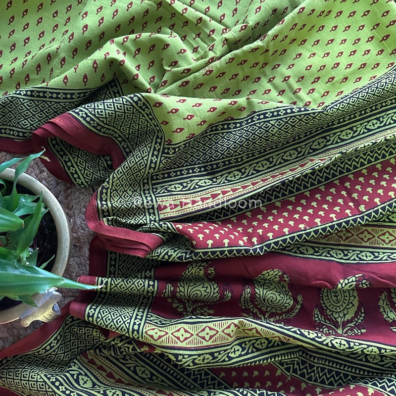 Parrot Green Bagh Print Cotton Saree NCBP28