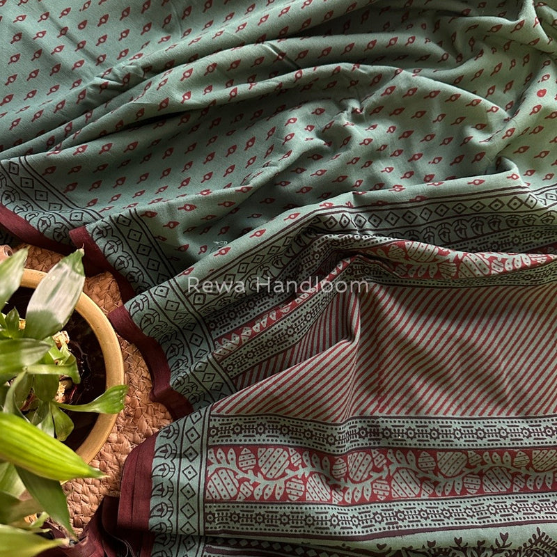 Rama Green Bagh Print Cotton Saree NCBP25