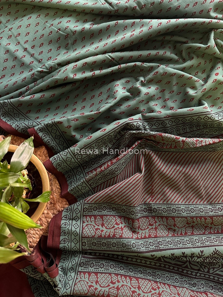 Rama Green Bagh Print Cotton Saree NCBP25