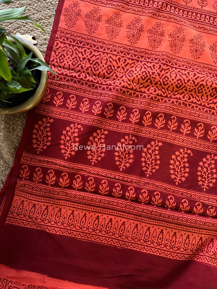 Peach Orange Bagh Print Cotton Saree NCBP24