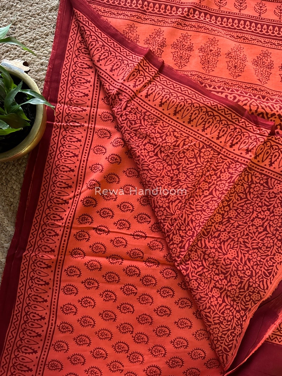 Peach Orange Bagh Print Cotton Saree NCBP24