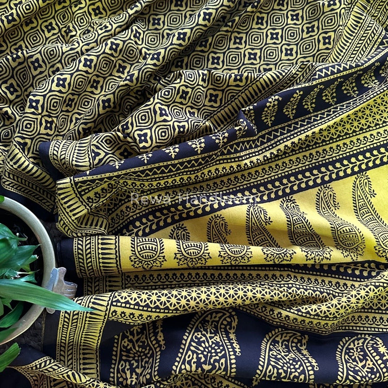 Yellow Black Bagh Print Cotton Saree NCBP30