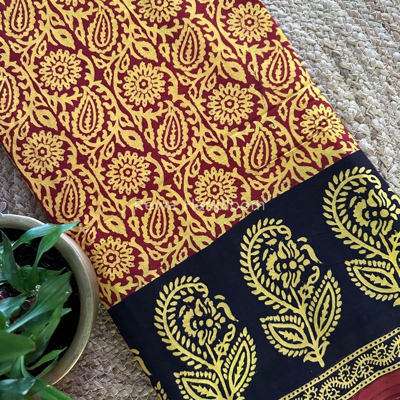 Yellow Maroon Bagh Print Cotton Saree NCBP29