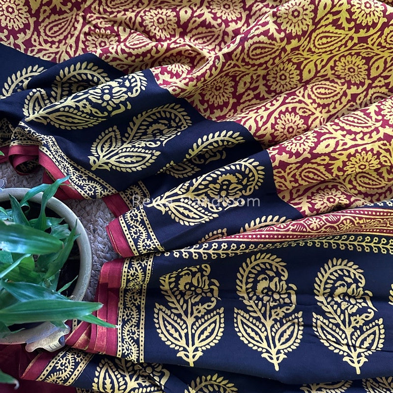 Yellow Maroon Bagh Print Cotton Saree NCBP29