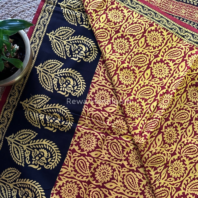 Yellow Maroon Bagh Print Cotton Saree NCBP29