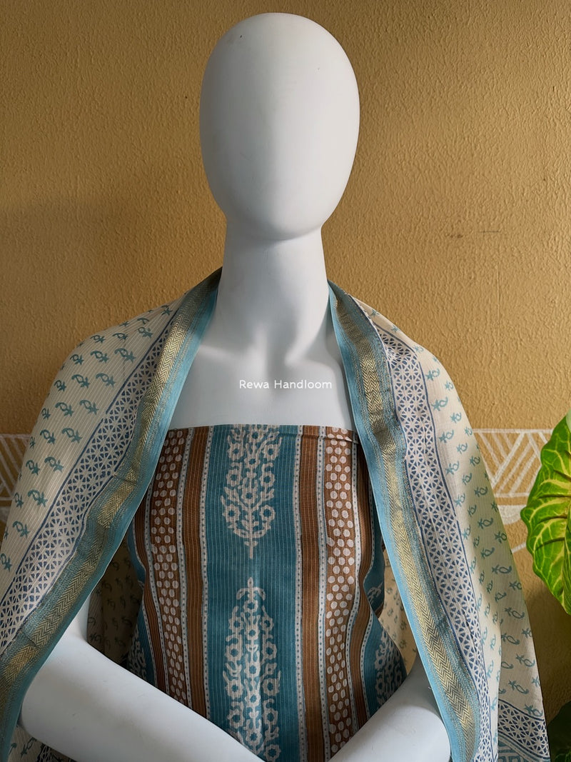 Maheshwari Light Sea Green-White Bagh Indigo Print Suit MBIS01