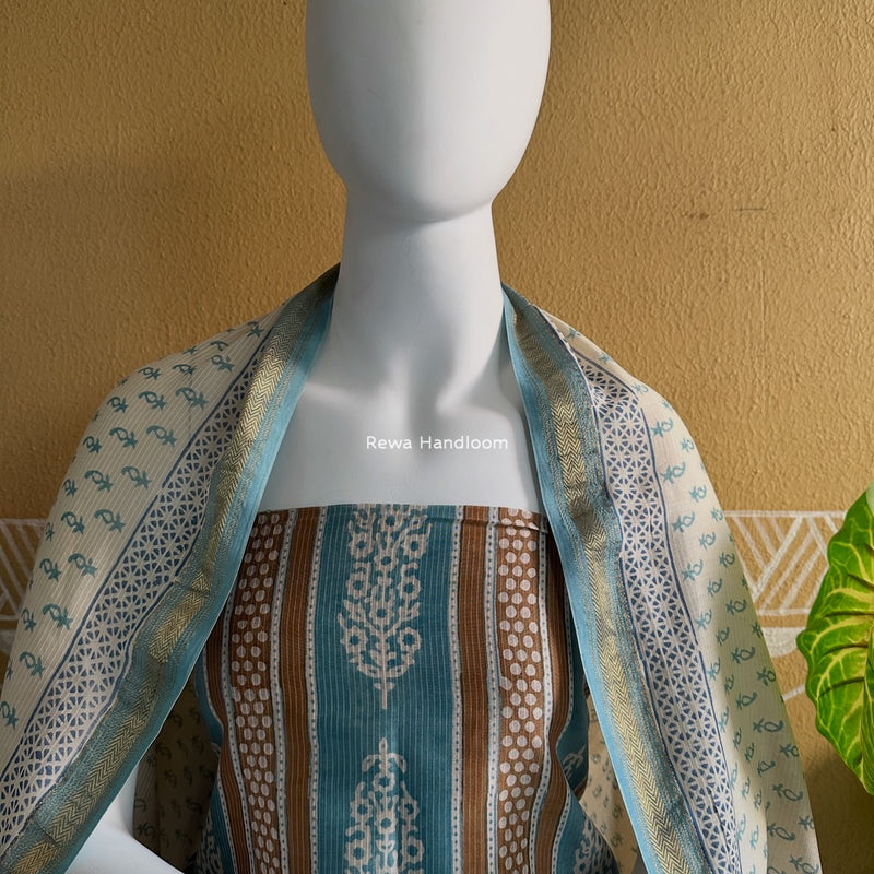 Maheshwari Light Sea Green-White Bagh Indigo Print Suit MBIS01