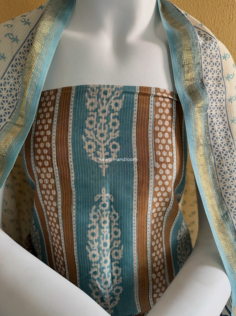 Maheshwari Light Sea Green-White Bagh Indigo Print Suit MBIS01