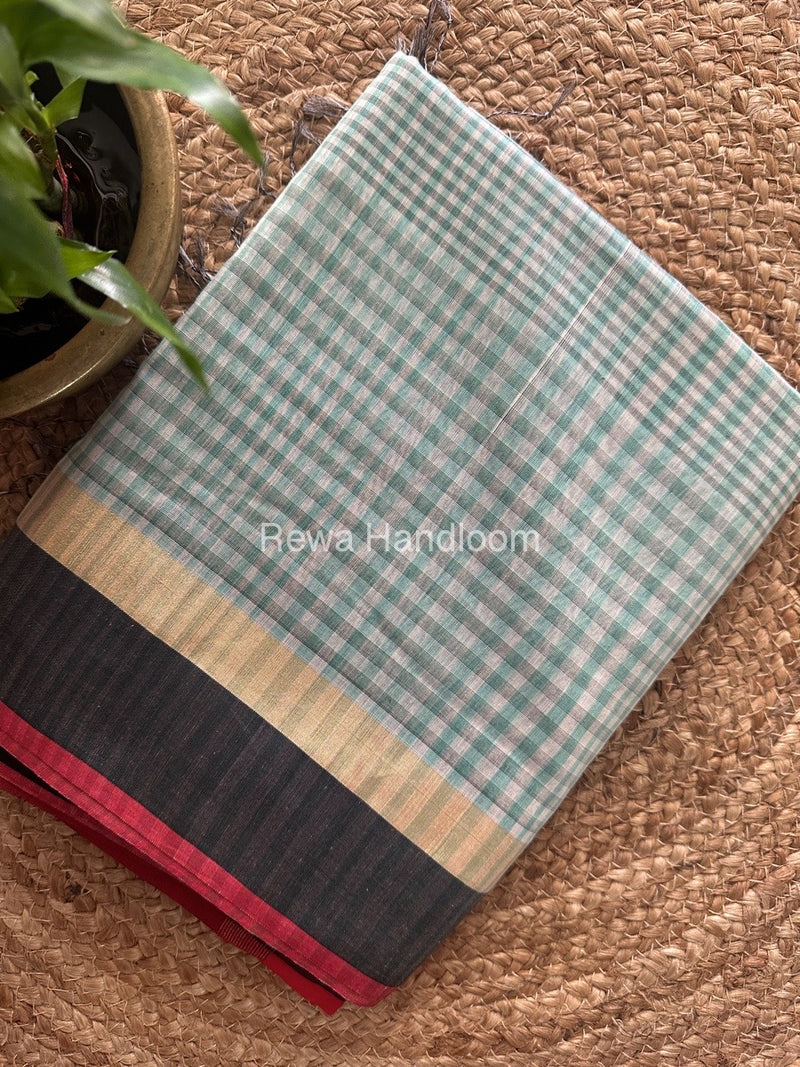 Exclusive Maheswari Checks White-Aqua Green Saree CVS03