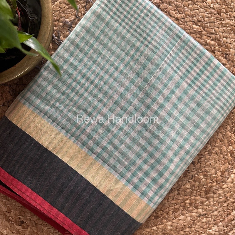 Exclusive Maheswari Checks White-Aqua Green Saree CVS03